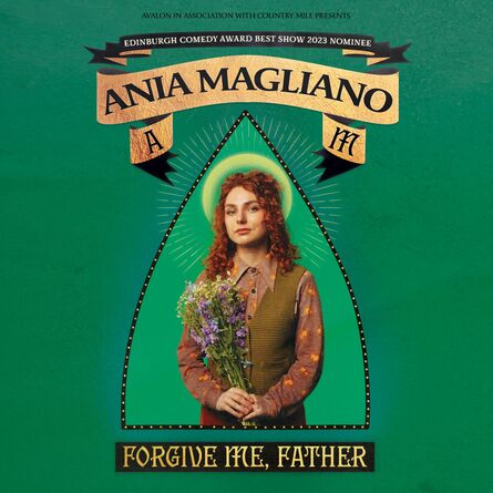 An image on the comedian Ania Magliano - she is holing a bouquet of flowers against a green background