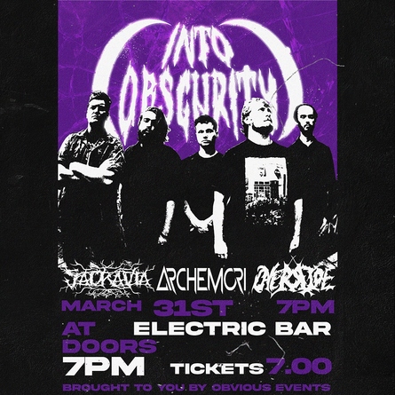 The poster is purple with white text ' Into Obscurity'. The band members are in black and white.