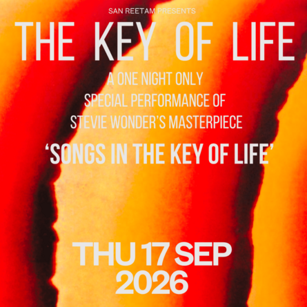 Bold text over an abstract orange and red background announces a performance of Stevie Wonder’s 