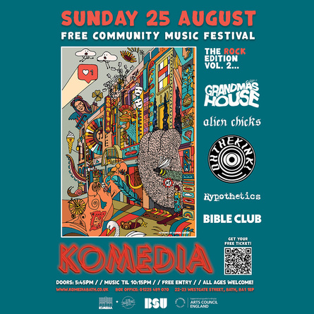 Colourful festival poster with illustrations and band logos
