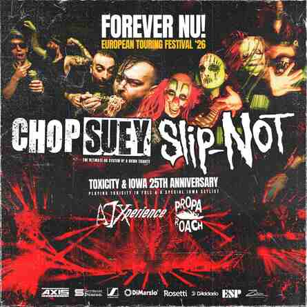 Poster for Chop Suey and Slip-Not. Dark, intense vibe with red accents and masked figures.