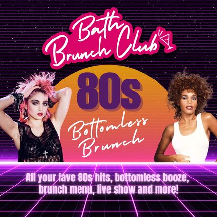 Retro 80s styled flyer with cut out images of Madonna and Whitney Houston