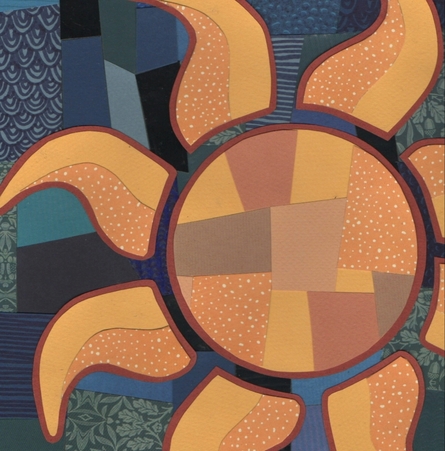 Artwork depicting a sun in Patchwork of orange and yellow. The background is a patchwork of dark greens and blues.