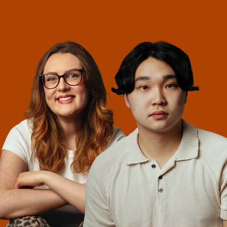 Photos of comedians Emmeline Donnie and Li Jin Hao. Li Jin Hao is in front and slightly to the right of Emmeline Donnie.