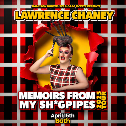 Lawrence Chaney with bagpipes on their head