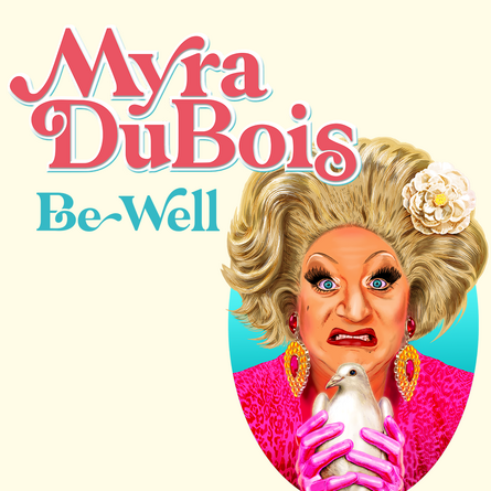 A carton image of Myra DuBois holding a white pigeon
