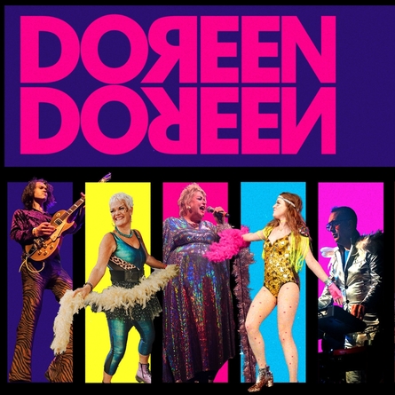 Colourful concert poster featuring five musicians in vibrant costumes against a backdrop of purple and pink rectangles.