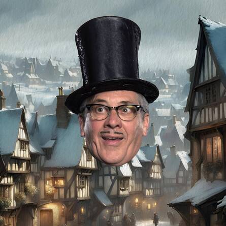 Count Arthur Strong's head photoshoped on top of a winter village scape