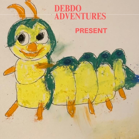 Child's drawing of a yellow and green caterpillar with a cheerful face, orange antennae and feet.