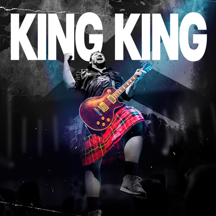 King King live on stage wearing a kilt and playing a guitar