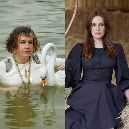 Amy Mason in a lake with a swan and Katie Norris sitting on a hay bale