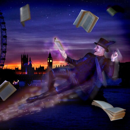 An illustration of a man flying through a night sky whilst reading a book